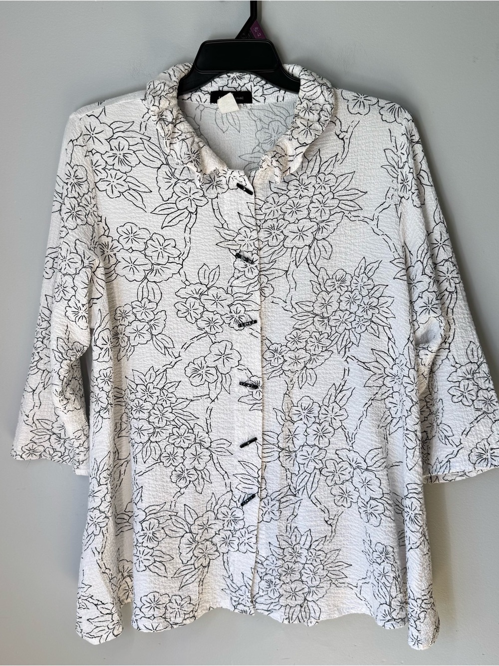 Vintage YUSHI Gauzy Cotton White Floral Toggle Button Flowy Oversized Top Sz L